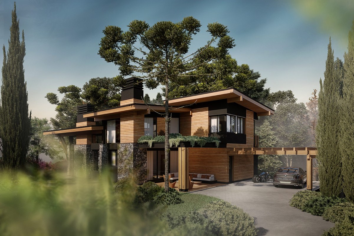 Render 3D de casa premium com araucária e jardim