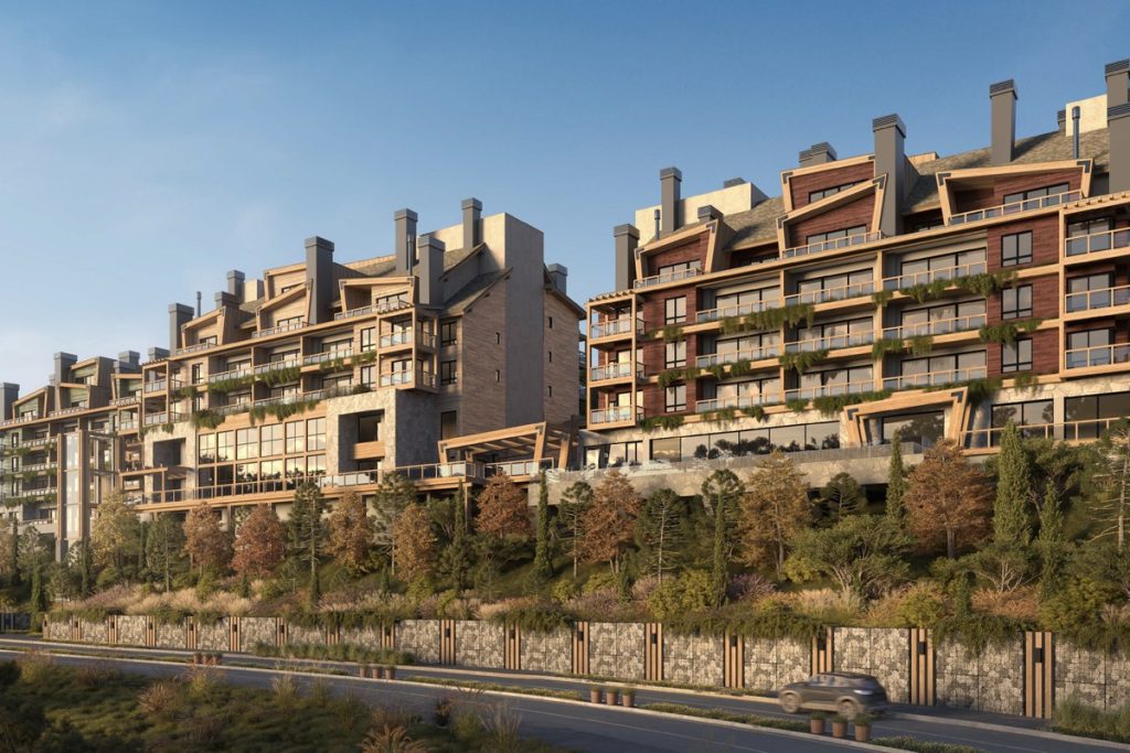 Render de condomínio de alto padrão em encosta com araucárias e vista para a Serra