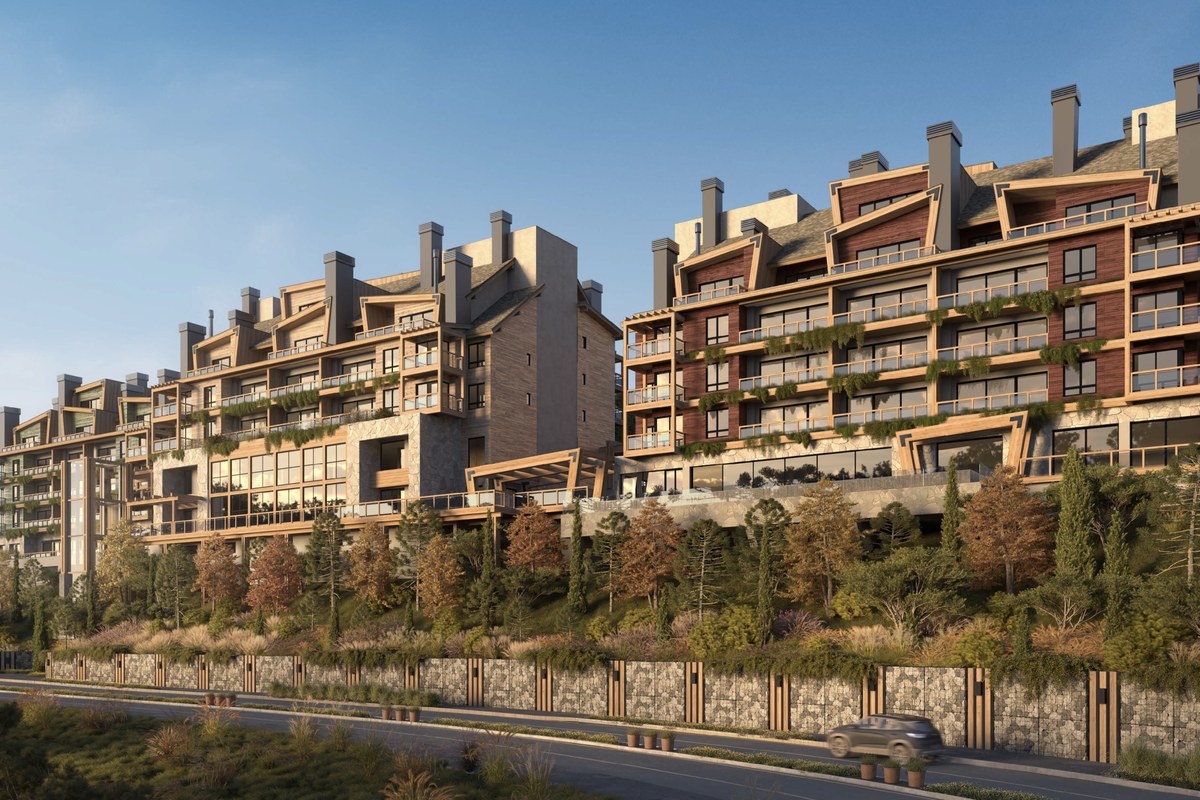 Render de condomínio de alto padrão em encosta com araucárias e vista para a Serra