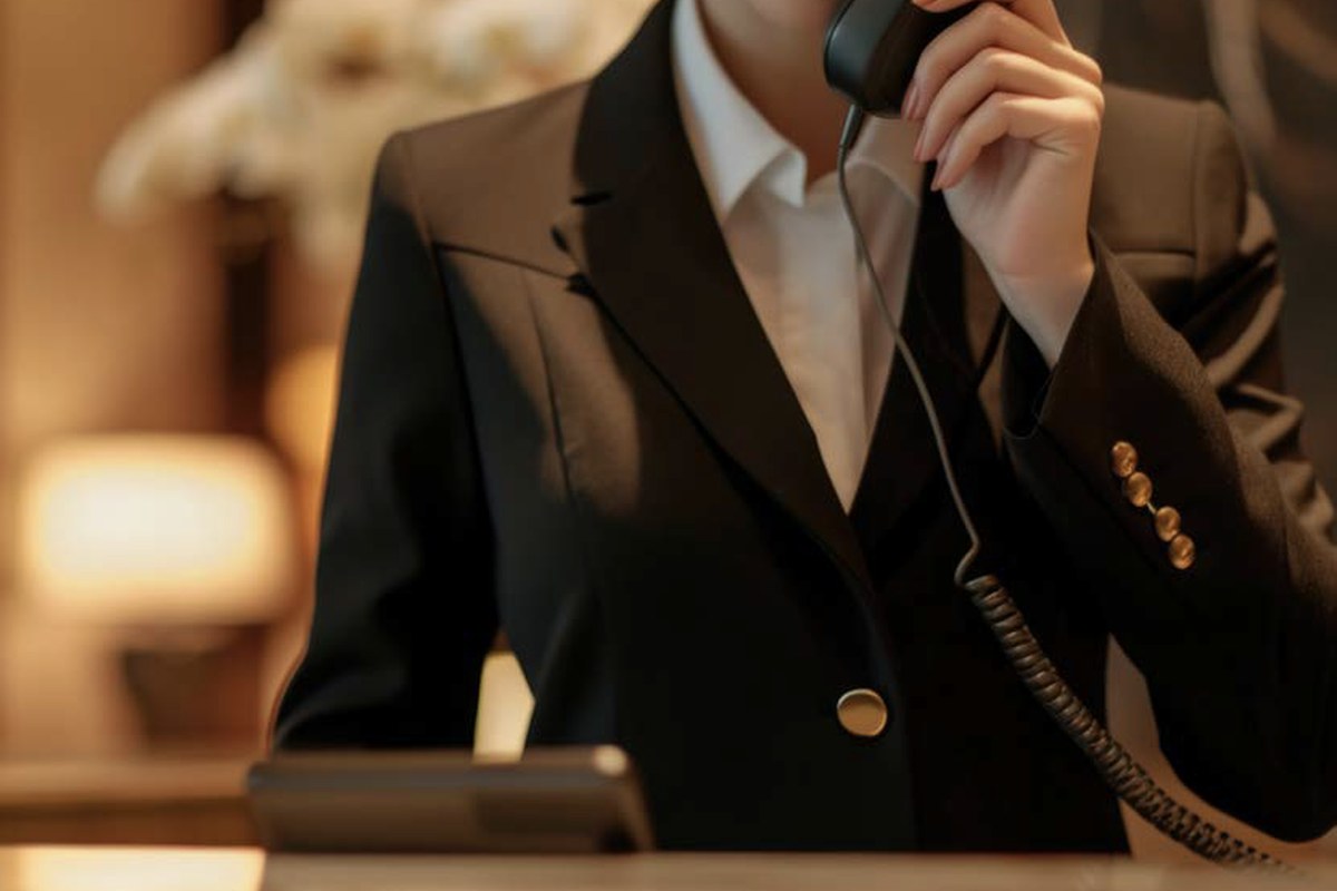 Recepcionista de hotel ao telefone na recepção de luxo